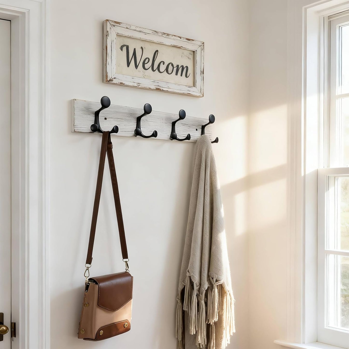 SKOLOO 24-Inch Wood Coat Rack Wall Mount with 4 Triple Hooks - Ideal for Family Entrances, Classrooms, and Pet Supplies Storage - Perfect Coat Hooks for Wall,Distressed White Wash