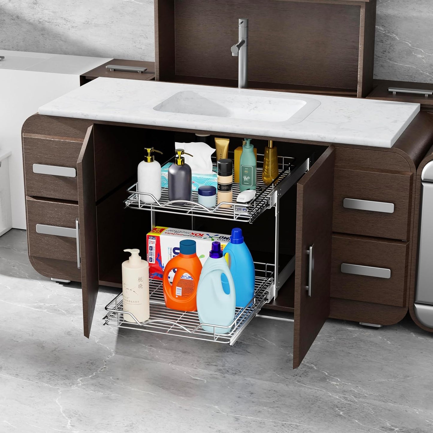 HOLDN’ STORAGE Two Tier Pull Out Cabinet Organizer, Individual Sliding Drawers - Heavy Duty Metal with Lifetime Limited Warranty - Anti Rust Chrome Finish - 14" W x 21”D x 16.5" H