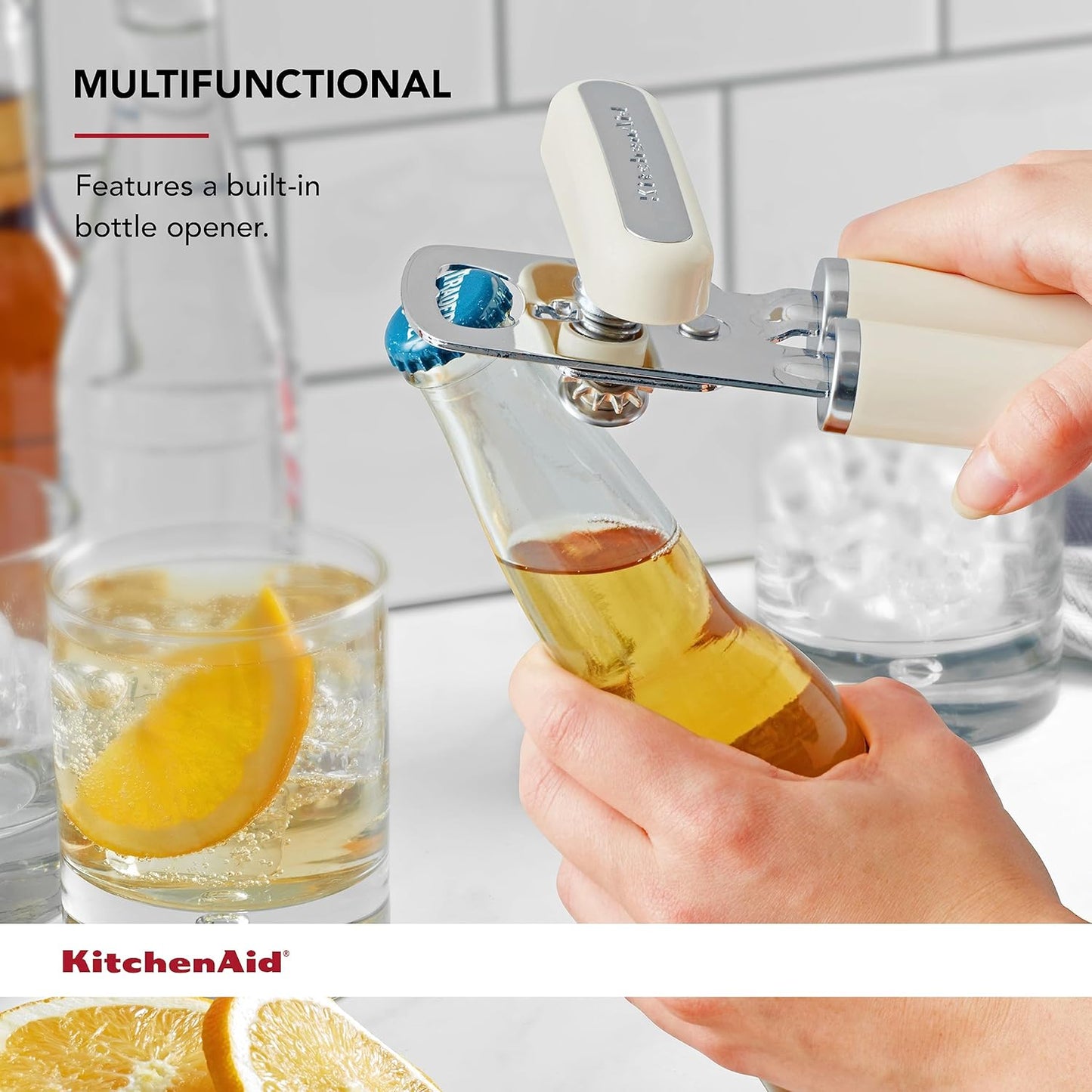 KitchenAid Classic Multifunction Can Opener and Bottle Opener Easy to Use, Razor Sharp Stainless Steel Cutting Wheel, Soft Ergonomic Handles, Almond Cream