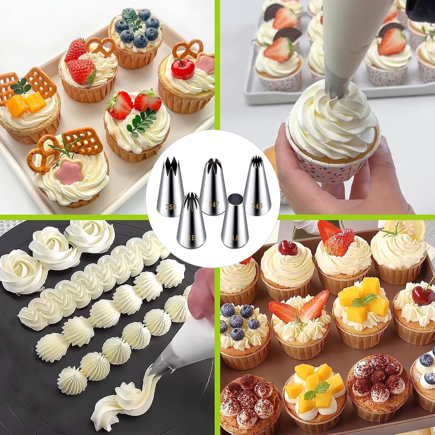 Extra Large Piping Tips, Seamless Stainless Steel Icing Piping Nozzle Tip Set, DIY Icing Nozzle Tool for Birthday Cake & Cupcakes, with a Cleaning Brush (1A 356 347 348 1E)
