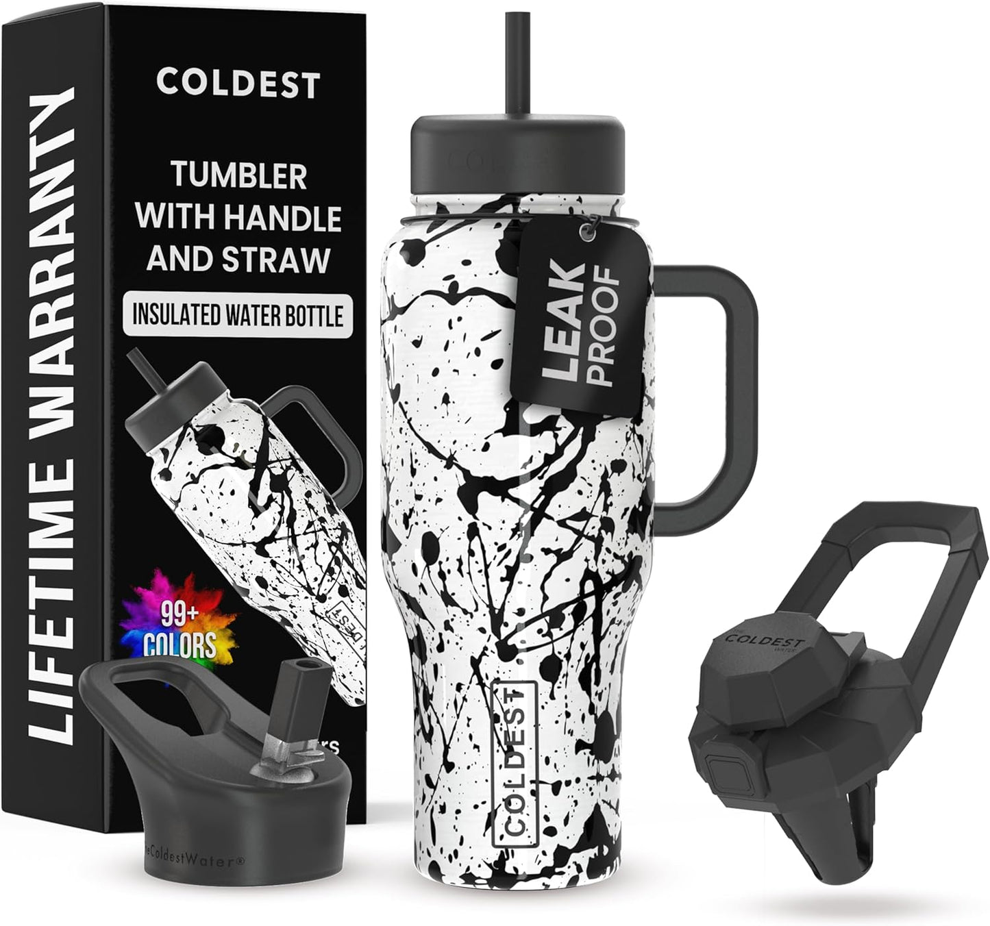 Coldest 40 oz Tumbler with Handle and Straw - 100% Leak Proof Insulated Tumbler with Lid and Straw (3 Lids) - Stainless Steel Tumblers for Women & Men - Cup Holder Friendly Base, 36 oz (Dark Matter)