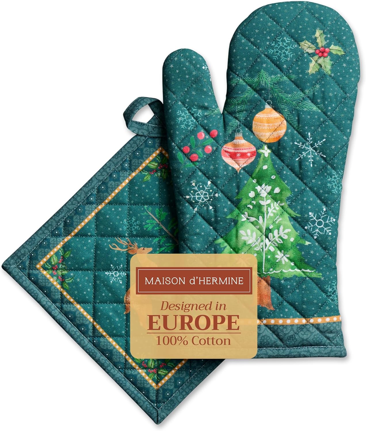 Maison d' Hermine 100% Cotton Oven Mitt & Pot Holder Set (7.5"x13" & 8"x8") Heat Resistant BBQ Cooking Gloves with Loop, Baking, Grilling, Kitchen, Handling Hot Pans (Hygge Christmas)