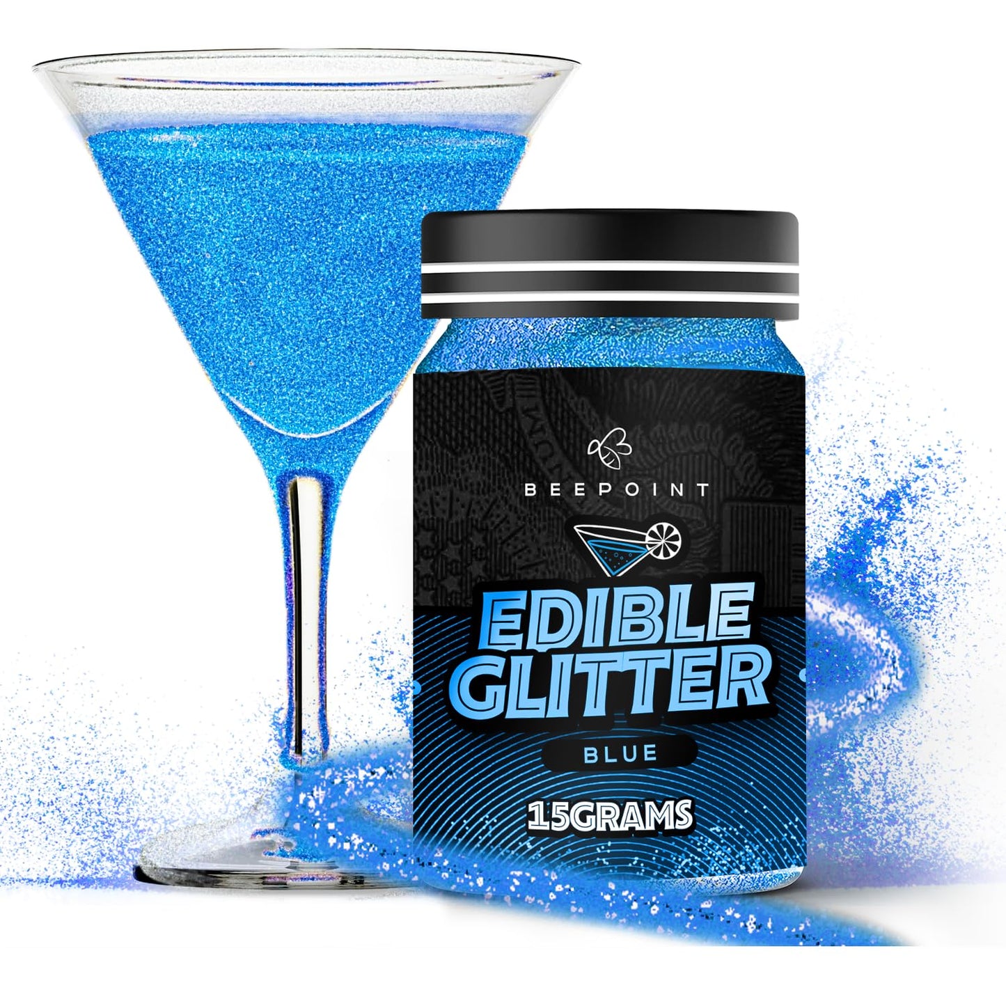 BeePoint Blue Edible Glitter for Drinks 15g - Food Grade, Vibrant Color Shimmer Powdered Dust for Drinks, Cocktails, Cake Decorating, Baking, Chocolates, Candy, Sweets, & Cookies - Vegan & Gluten Free