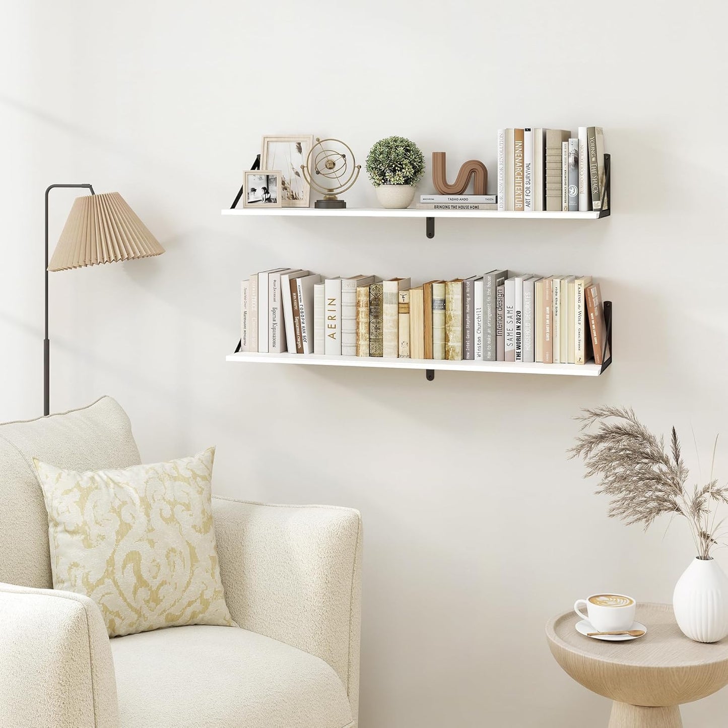 Heimlove White Deep Floating Shelves for Wall, 36W x 8D Wood Wall Shelves Set of 2, Wide Floating Bookshelf for Living Room, Kitchen, Office, Bedroom and Decor Storage, with Black Bracket - White