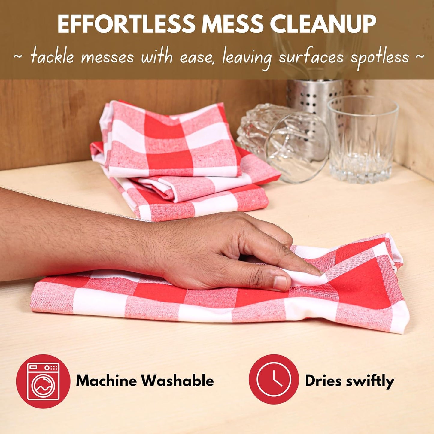 Native Fab 6-Pack Kitchen Towel with Hanging Loop 16x26 inches, Cotton Buffalo Check Kitchen Towels for Cleaning Drying, Washcloths Soft & Absorbent Cloth Rags, Bar Towel, Dish Cloth, Red