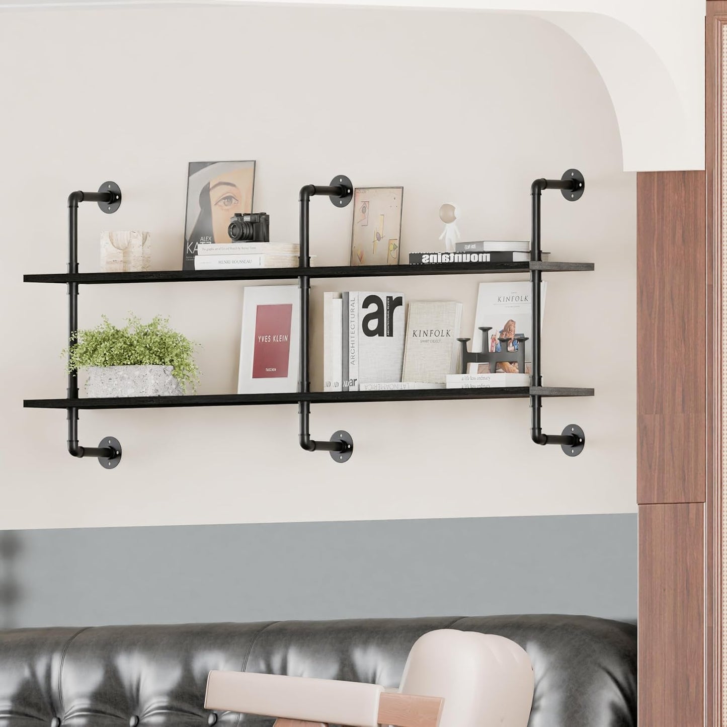 Industrial Pipe Shelf Shelving Bookcase, Wall Mounted Rustic Bookshelf, Floating Bookshelves for Wall,Retro Wood Metal Pipe Industrial Shelves for Living Room