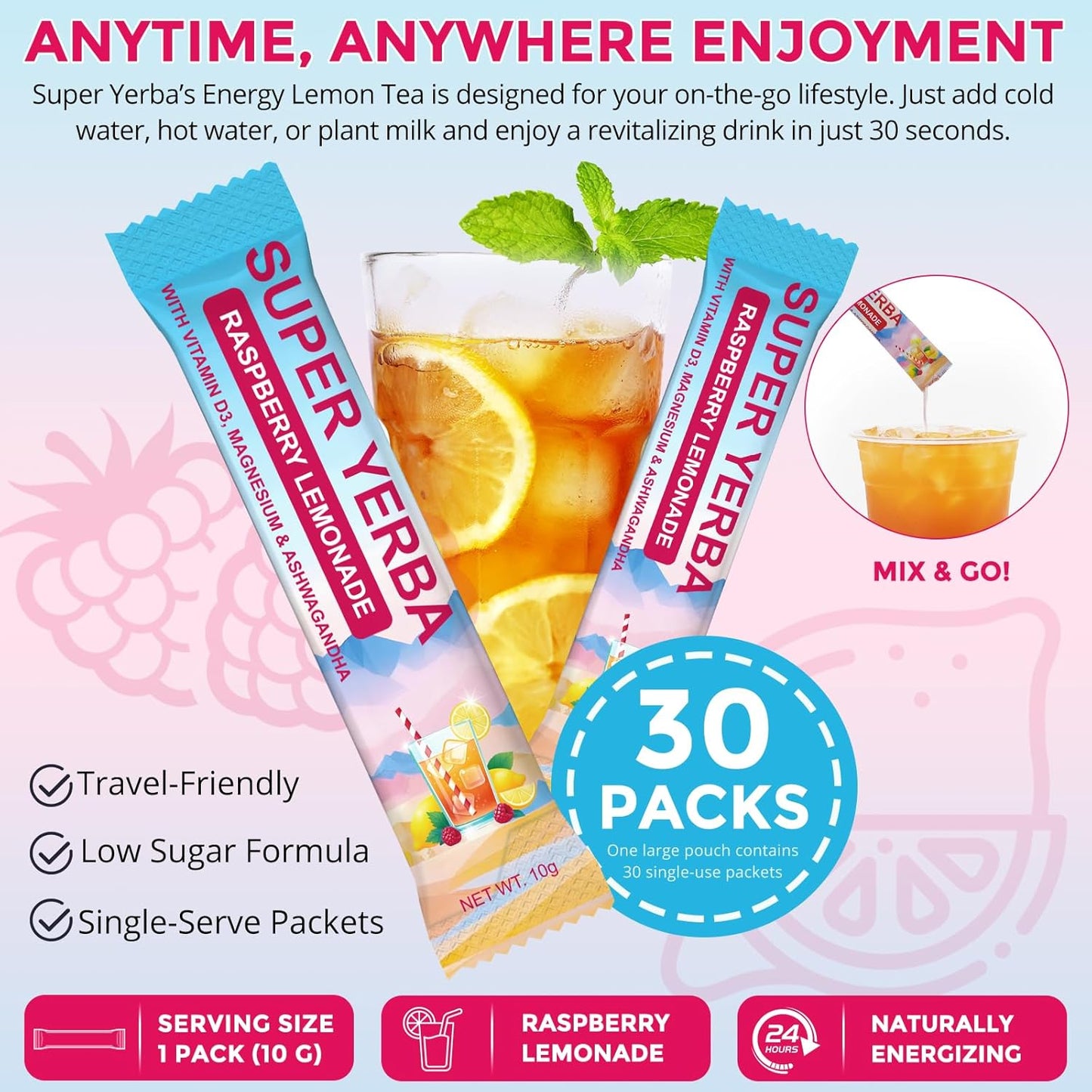 Yerba Mate Instant Tea Powder -Super Yerba Mate 30 Servings with Vitamin D3, Magnesium & Ashwagandha | Energy, Focus & Digestive Health | Low Sugar