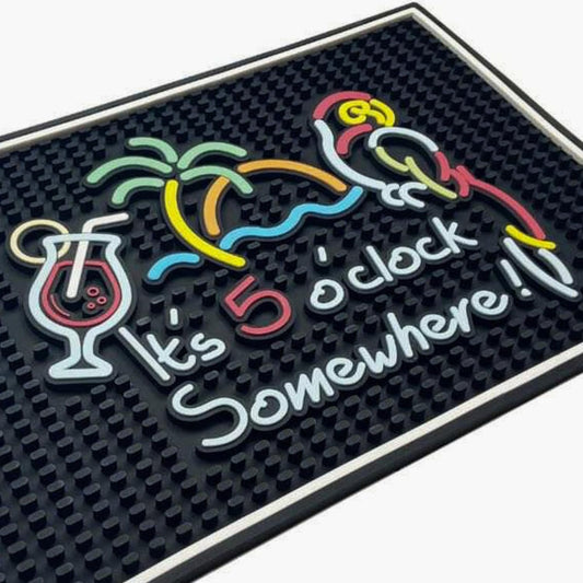 It's 5 O'Clock Somewhere Sign Rubber Bar Mats for Bartending 18x12 in, Bar Mats for Countertop Tiki Decor, Tiki and Outdoor Accessories, Aloha & Luau Party Decorations and Hawaiian Party Decorations