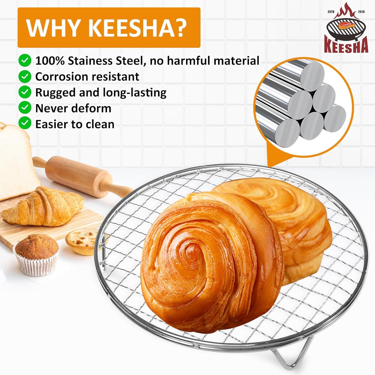 KEESHA 10 Inch Cooling Rack - 304 Stainless Steel Dish Rack for Cooking and Baking - Premium Steamer Rack, Canning Rack - Stackable Cake Cooling Rack