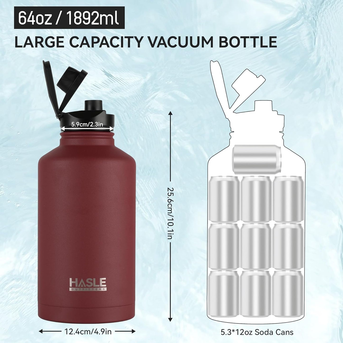 HASLE OUTFITTERS Half Gallon Insulated Water Bottles 64 oz, Stainless Steel Metal Water Jug with 2 Lids Keep Cold 48h/Hot 24h, Leak Proof & BPA-Free Water Flask Jug(Brick Red,1)
