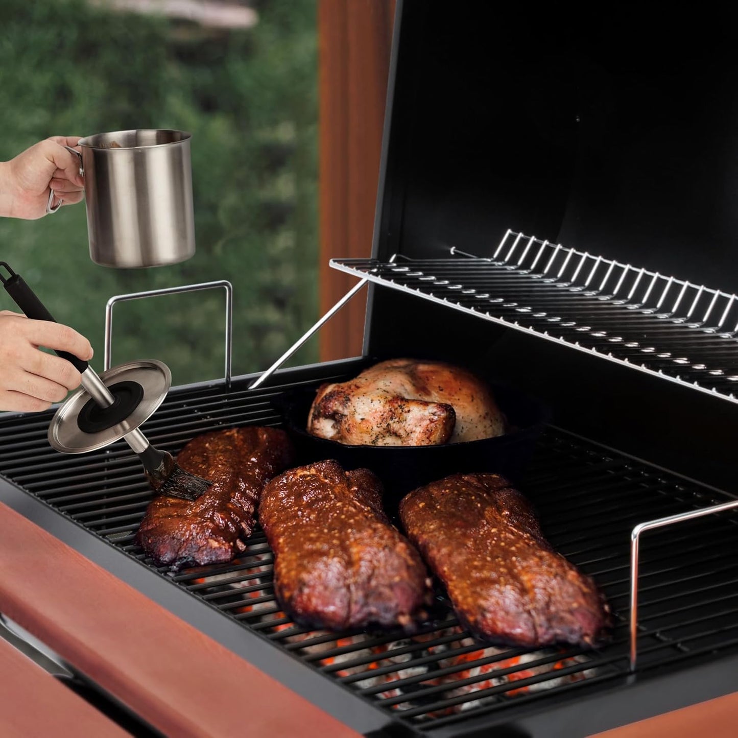 Geesta Adjustable Sauce Pot and Basting Brush Set, Long Stainless Steel Basting Brush for Cooking, Smoking, Fathers Day Grilling Gifts for Men Smoker Accessories, Large Capacity Grilling Tools, 2 Pack