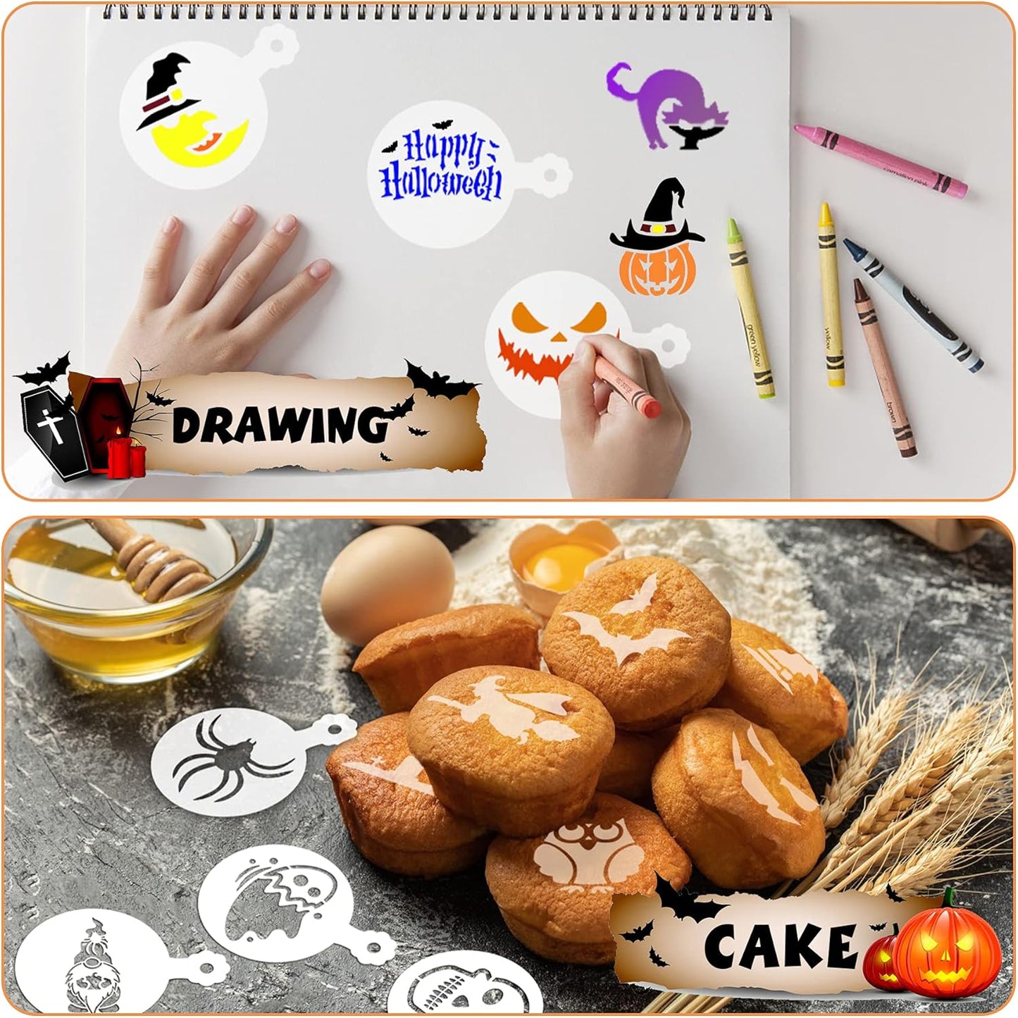 JULBEAR 36 Pieces Reusable Halloween Cake Cookie Stencils Templates Mold Tools for Cookies DIY Holiday Baking Painting Dessert Craft Coffee Decoration