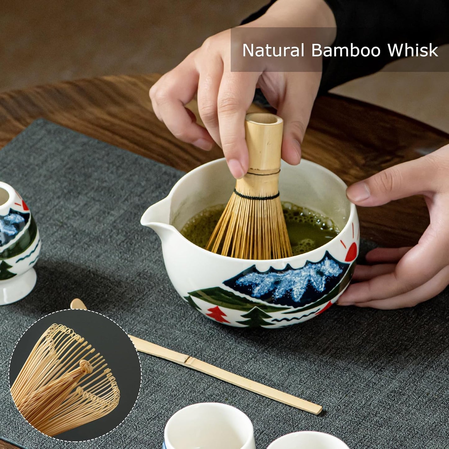 Fuji Mountain Matcha Bowl Set – 6-Pcs Hand-Painted Scenic Japanese Tea Ceremony Kit | Matcha Bowl with Spout, 2 Cups, Bamboo Whisk, Scoop & Whisk Holder | Gift for Tea Ceremony Lovers