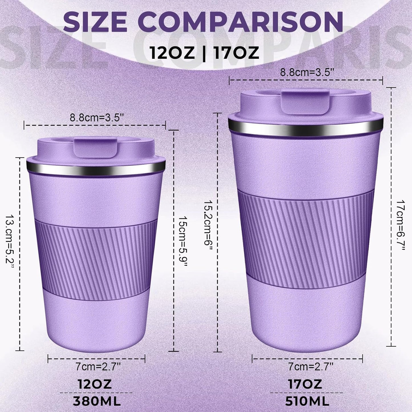 Insulated Coffee Tumbler 12 oz, Stainless Steel Coffee Mug with Lids, Travel Coffee Mug Leak Proof, Double Wall Vacuum Insulated Reusable Coffee Cup, Keep Drinks Hot and Cold (Lavender, 12 Ounces)