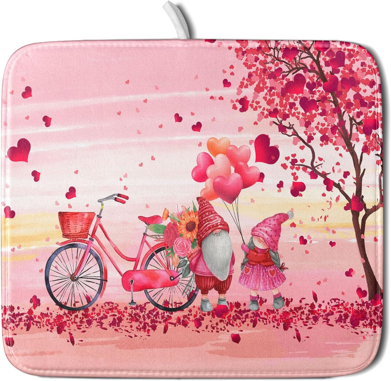 Pink Heart Valentine's Day Gnomes Dish Drying Mat for Kitchen Counter,Pink Bicycle Love Tree Drying Mat 16 x 18 Inch with Absorbent Reversible Microfiber Dish Drying Pad Dish Rack Pad for Coffee Bar