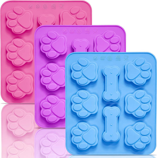 Anaeat 3 Pack Silicone Molds with Puppy Dog Paw and Bone Shaped 2 in 1, Reusable Non-Stick Ice Cube Trays & Flexible Candy Chocolate Molds for Homemade Dog Treats, Pudding, Jelly & Baking Biscuits