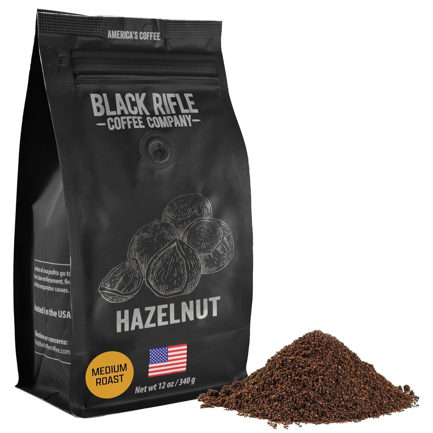 Black Rifle Coffee Company Ground Coffee Medium Roast - Roasted Blend Made from Pure Arabica Beans - Colombian & Brazilian Beans - Veteran Founded & American Made (Hazelnut, 12oz Bag)