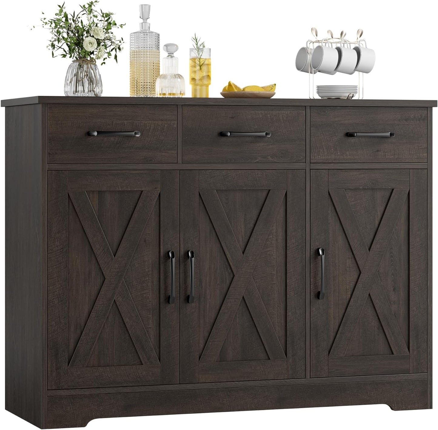 HOSTACK Modern Farmhouse Buffet Sideboard Cabinet, Barn Doors Storage Cabinet with Drawers and Shelves, Wood Coffee Bar with Storage for Dining Room, Kitchen, Living Room, Dark Brown