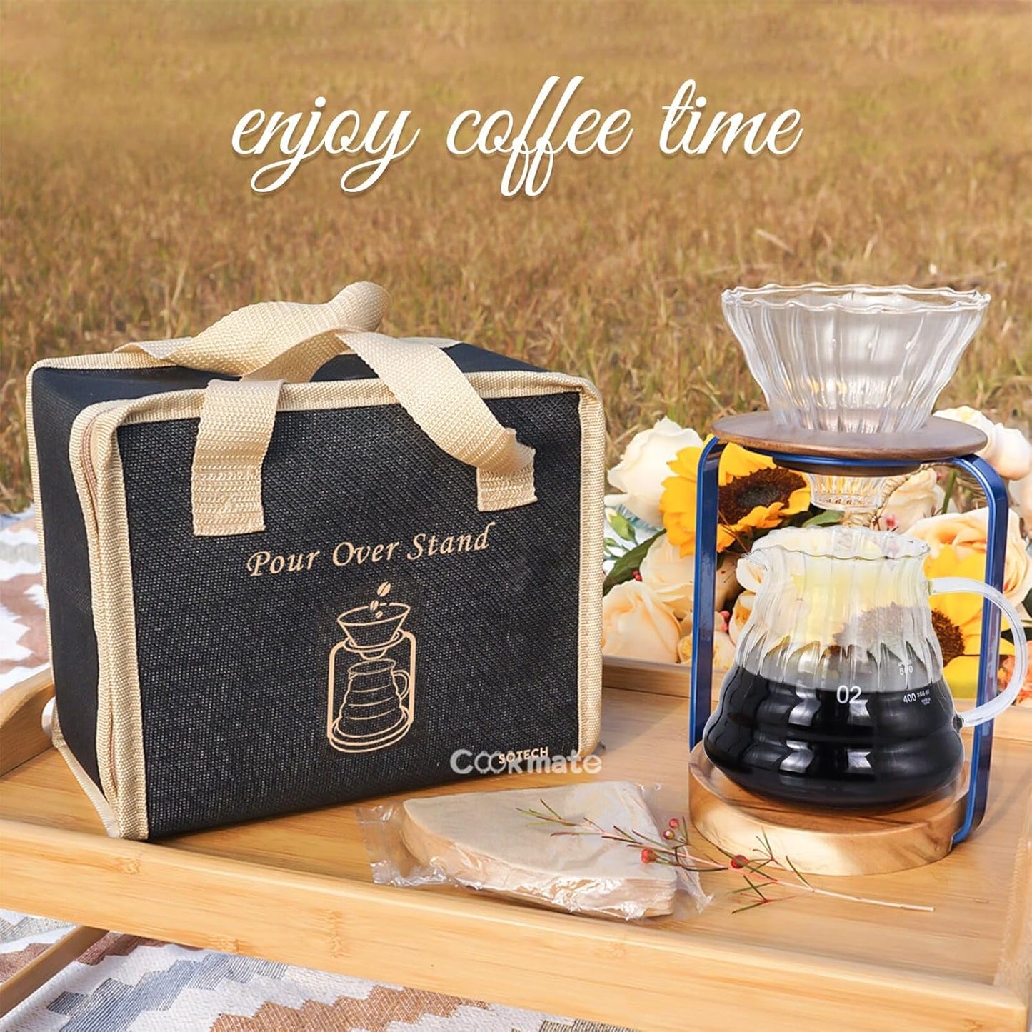 SOTECH Pour Over Coffee Dripper Stand with Metal Stand Wooden Filter Holder Glass Server with Paper Coffee Filters, Coffee Maker Stand Set for Coffee Tea and Saffron