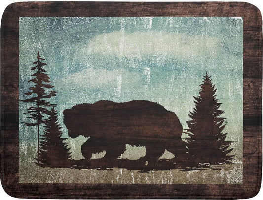 Retro Brown Bear Forest Cabin Dish Drying Mat Countertop 18x24 Fall Blue Sky Cloud Cartoon Wild Animal Bushes Drainer Mat Pine Tree Grass Dishes Pad Rustic Floral Dish Drainer Rack Winter Wildlife