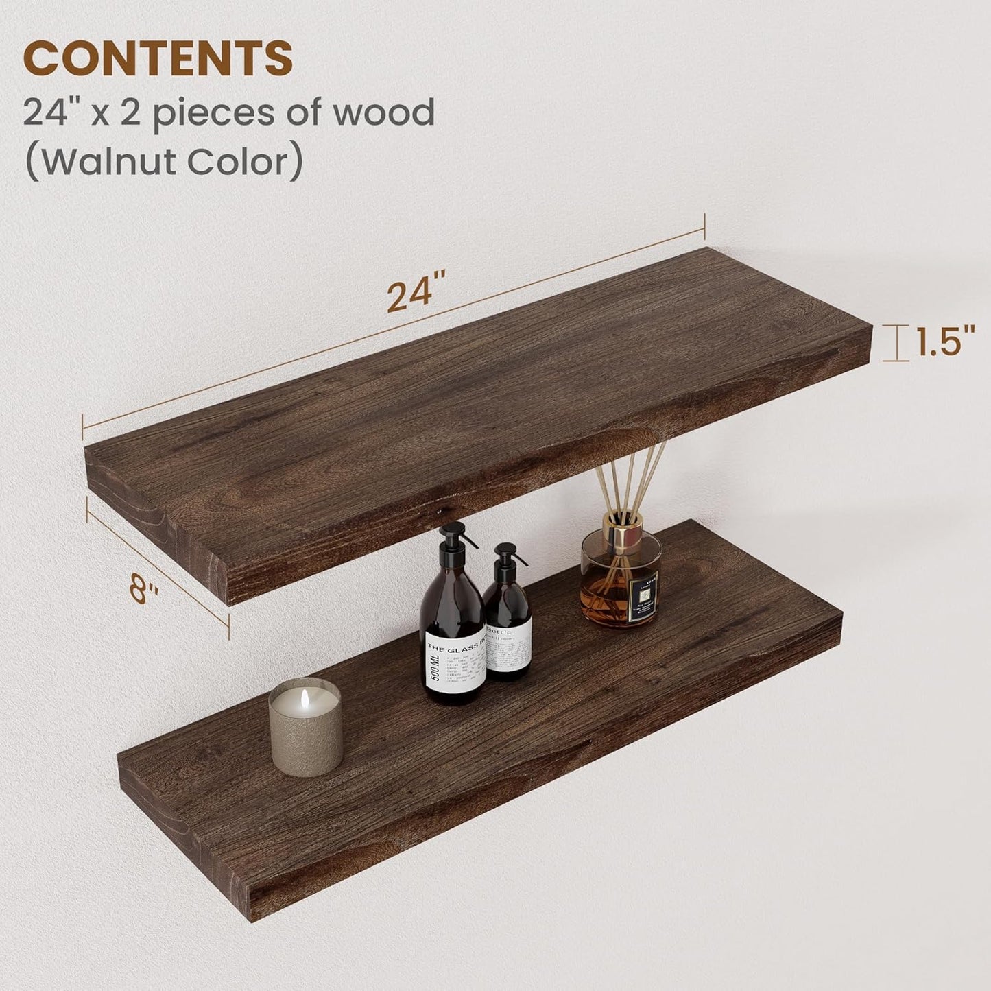 Floating Shelves for Wall Decor, 8 Inch Deep Rustic Solid Elm Wood Floating Shelves Wall Mounted, Wall Shelves with Invisible Bracket for Living Room Bathroom Bedroom Kitchen, 24 Inch Set of 2, Walnut