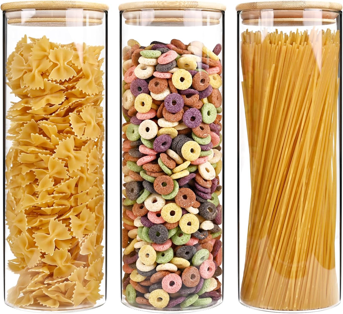 73oz Glass Pasta Storage Jars, Tall Glass Jars with Bamboo Lids, Spaghetti Container, Set of 3, Kitchen Storage Containers for Pasta, Pantry Organizers