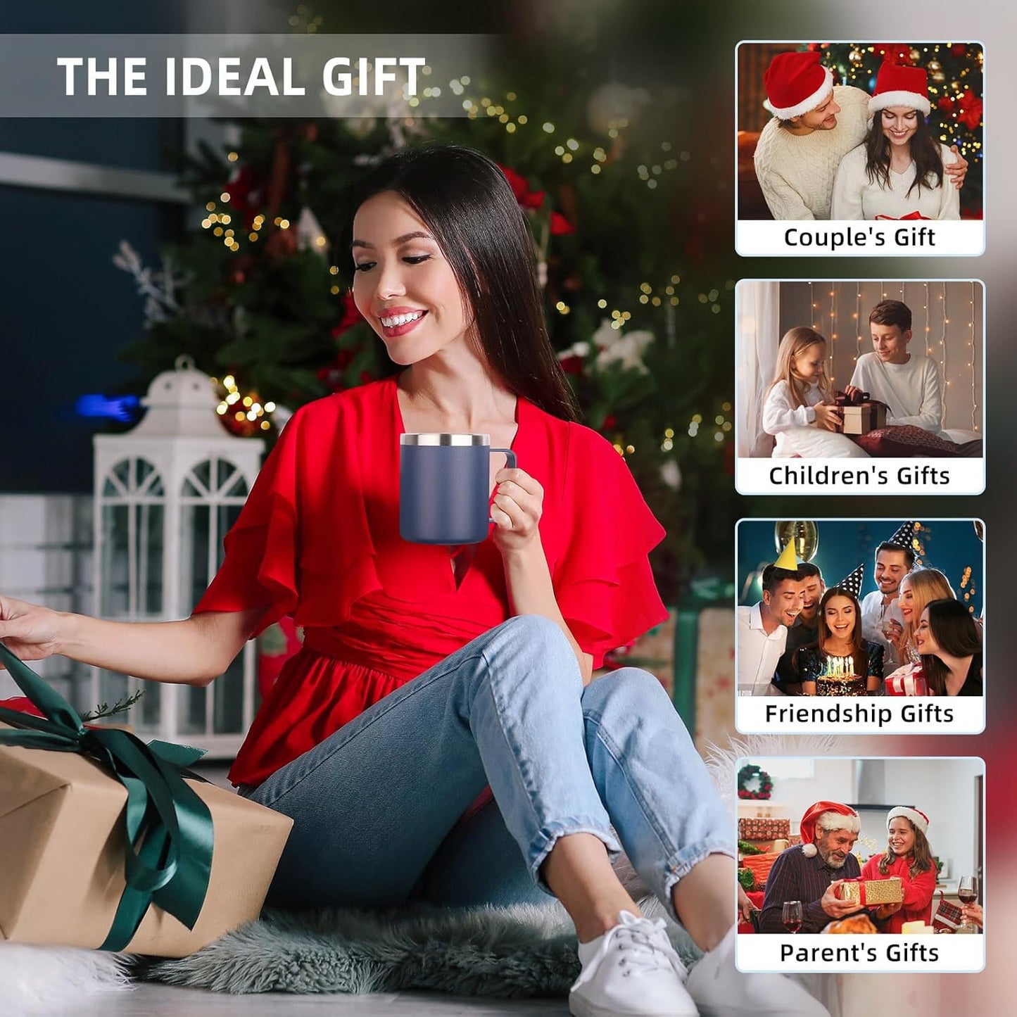 Volhoply 14oz Insulated Stainless Steel Coffee Mug with Lid Bulk 4 Pack,Double Wall Vacuum Travel Coffee Cup with Handle,Reusable Metal Cups Tumbler,Camping Mugs Keep Hot,Ideal Gifts(Navy,4)