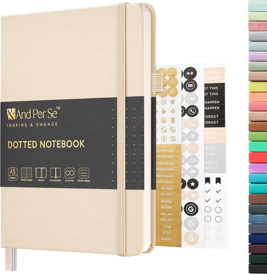 &And Per Se Dotted Journal Notebook, A5 Hardcover Leather Bullet Dotted Journal, 160 Pages 100 gsm Thick Dotted Paper，3 Stickers Included for Women Men, Work Office or School - 5.7'' x 8.3'' (Light