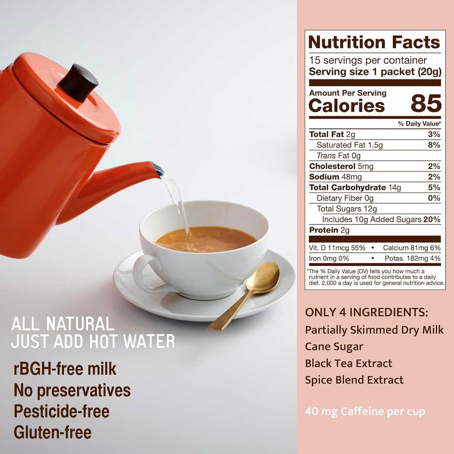 Jaipur Avenue Lemongrass Chai Tea Mix Crafted with All-Natural Assam Black Tea, Lemongrass, Cane Sugar, Premium Dry Milk - Preservative-Free, Gluten-Free, Authentic Indian Chai Tea Latte (15 Servings)