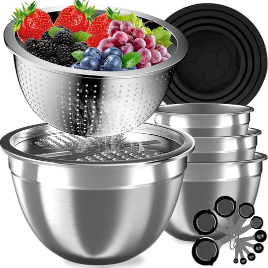Mixing Bowls with Lids Set, 16PCS Stainless Steel Mixing Bowls,Nesting Storage Bowls for Kitchen with Mixing Bowl, Colander, Strainer & Grater, Metal Salad Bowl for Kitchen Gadgets, Black