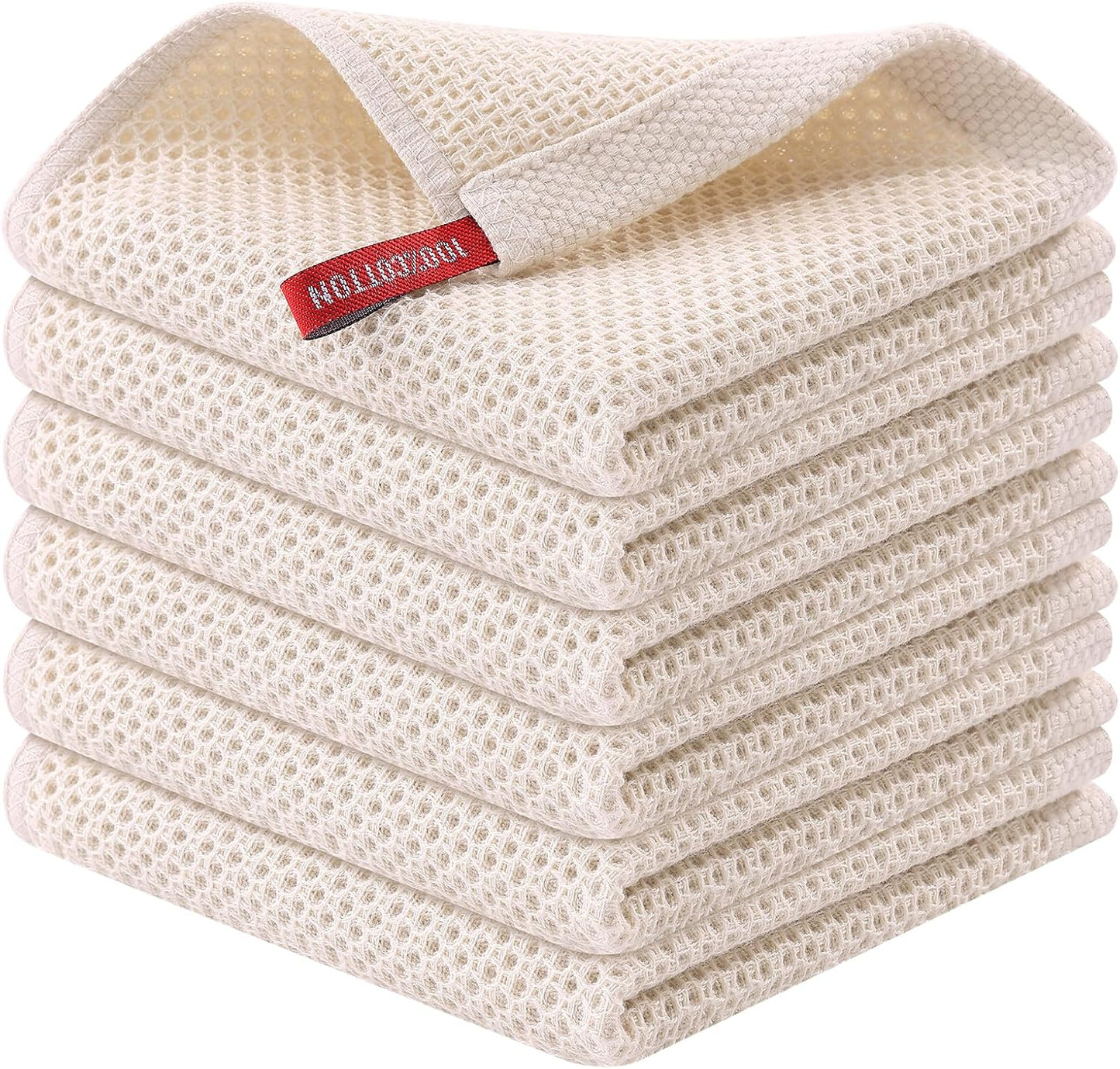 Kitinjoy 100% Cotton Kitchen Dish Cloths, 6-Pack Waffle Weave Dish Towels for Drying Dishes Super Soft Absorbent Quick Drying Dish Rags, 12 X 12 Inches, Beige