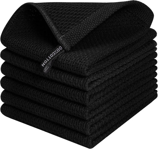 Kitinjoy 100% Cotton Kitchen Dish Cloths, 6 Pack Waffle Weave Dish Towels Ultra Soft Absorbent Quick Drying Dish Rags, 12 X 12 Inches, Black