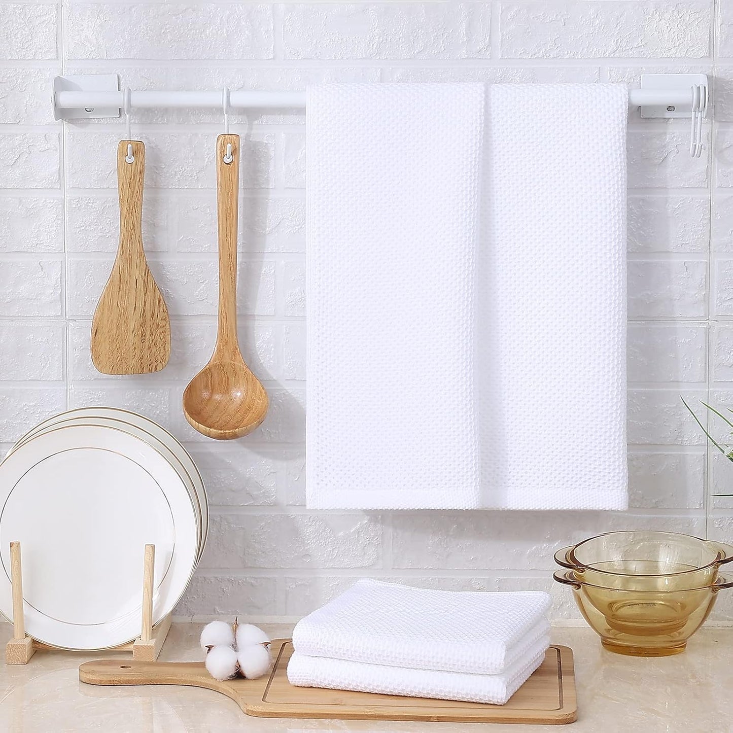 Kitinjoy 100% Cotton Waffle Weave Kitchen Towels, 6-Pack Super Soft and Absorbent Dish Towels for Drying Dishes, Kitchen Hand Towels, 13 in x 28 in, White