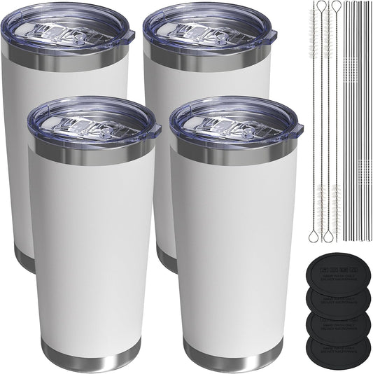 Travel Coffee Tumbler 20oz, 4 Pack Leakproof Travel Coffee Mug with Lid and Straw, Stainless Steel Double Wall Vacuum Insulated Tumbler for Hot/Iced Drinks (Textured Matte, White)