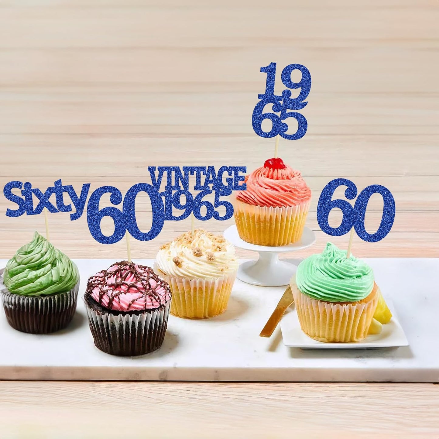 Gyufise 24Pcs Vintage 1965 Cupcake Toppers Cheers to 60 Fabulous Sixty Cupcake Picks Decorations for 60th Birthday Wedding Anniversary Party Cake Decorations Supplies Deep Blue