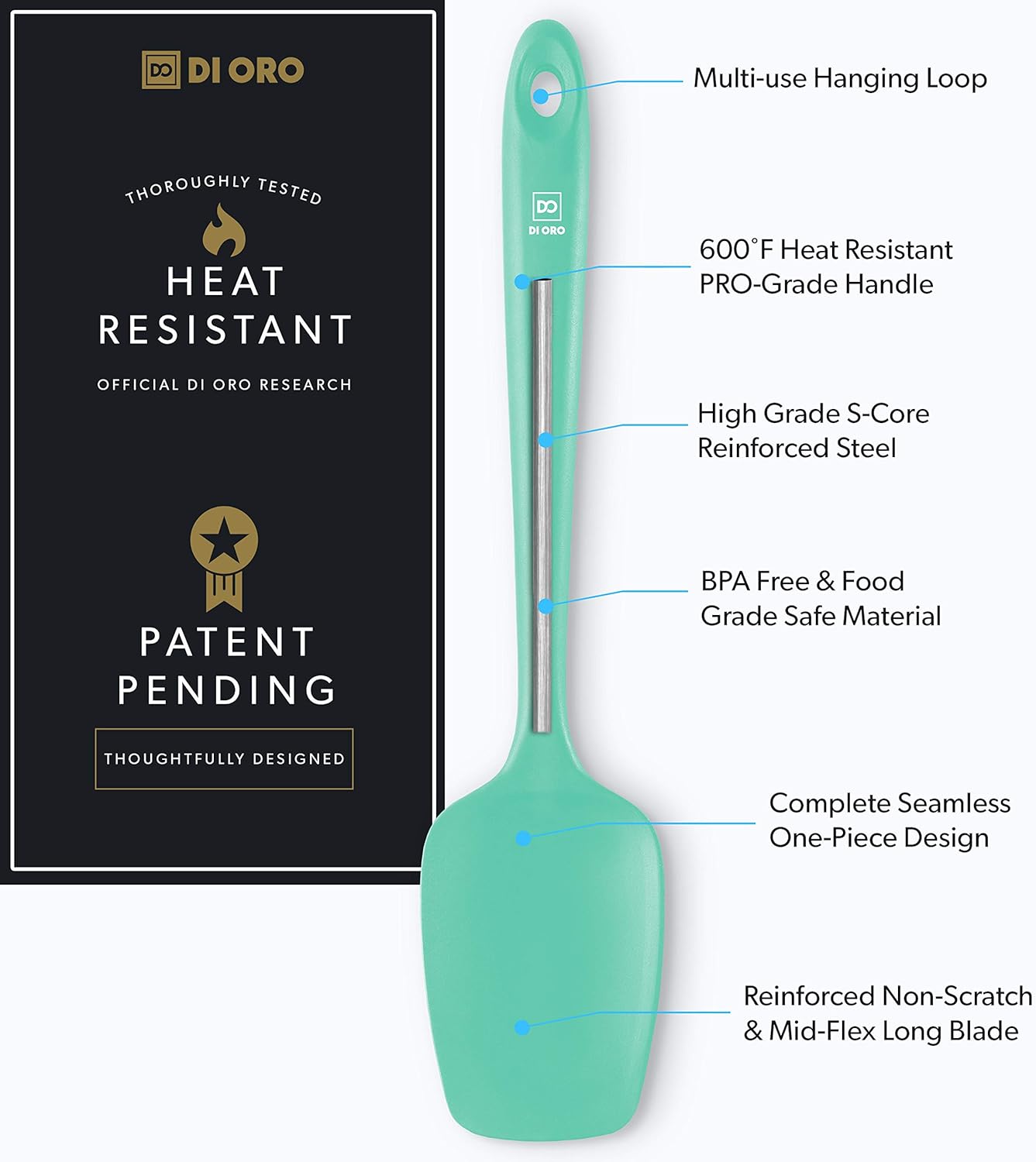 DI ORO Silicone Spoon Spatula - Forever Warranty - 600°F Heat-Resistant Large Silicone Spoonula Scraper - BPA Free Nonstick Cookware Safe Rubber Kitchen Utensil for Baking, Cooking, & Mixing (Mint)