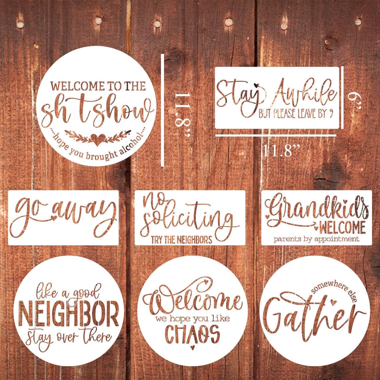 Funny Welcome Stencils for Painting Sarcastic Round Stencil Large Gather Stay Awhile Templates for Door Hanger,Doormat, Porch Sign, Wreath