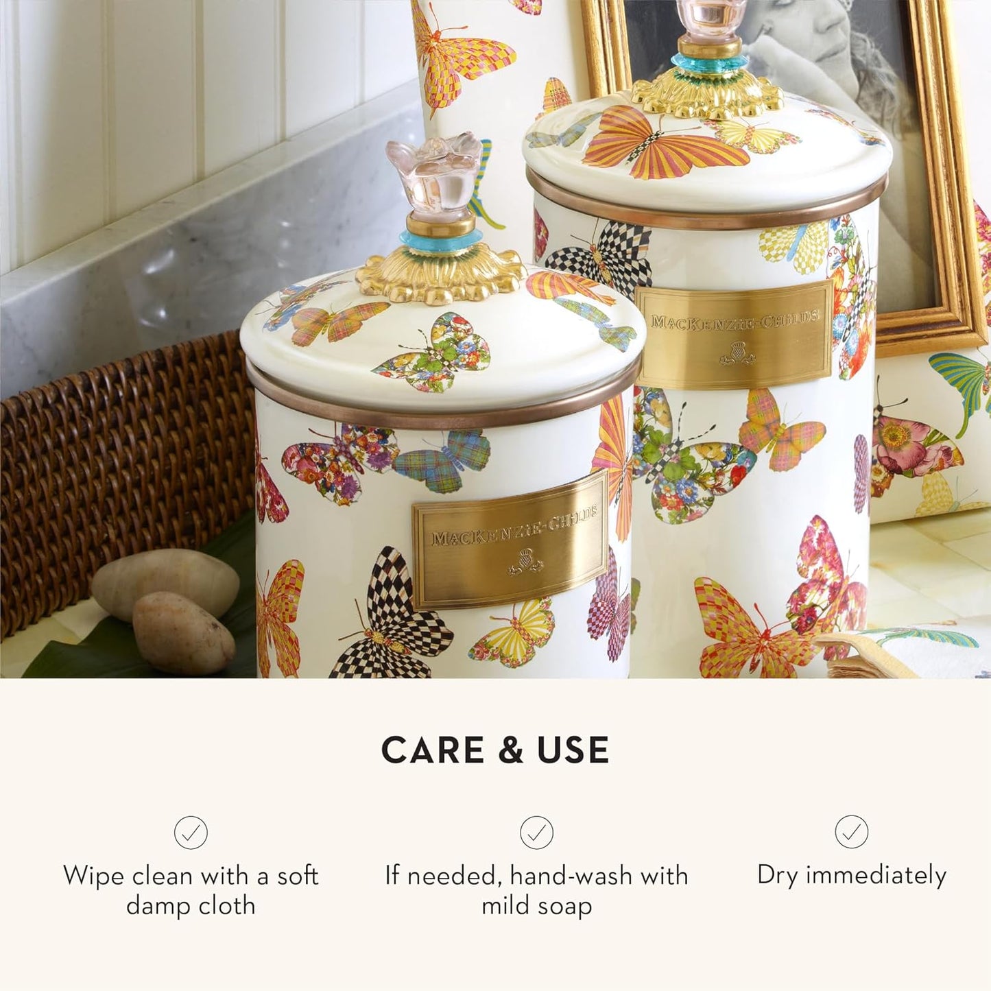 MACKENZIE-CHILDS Butterfly Garden Enamel Canister, Pretty Kitchen Storage Container with Lid, Medium