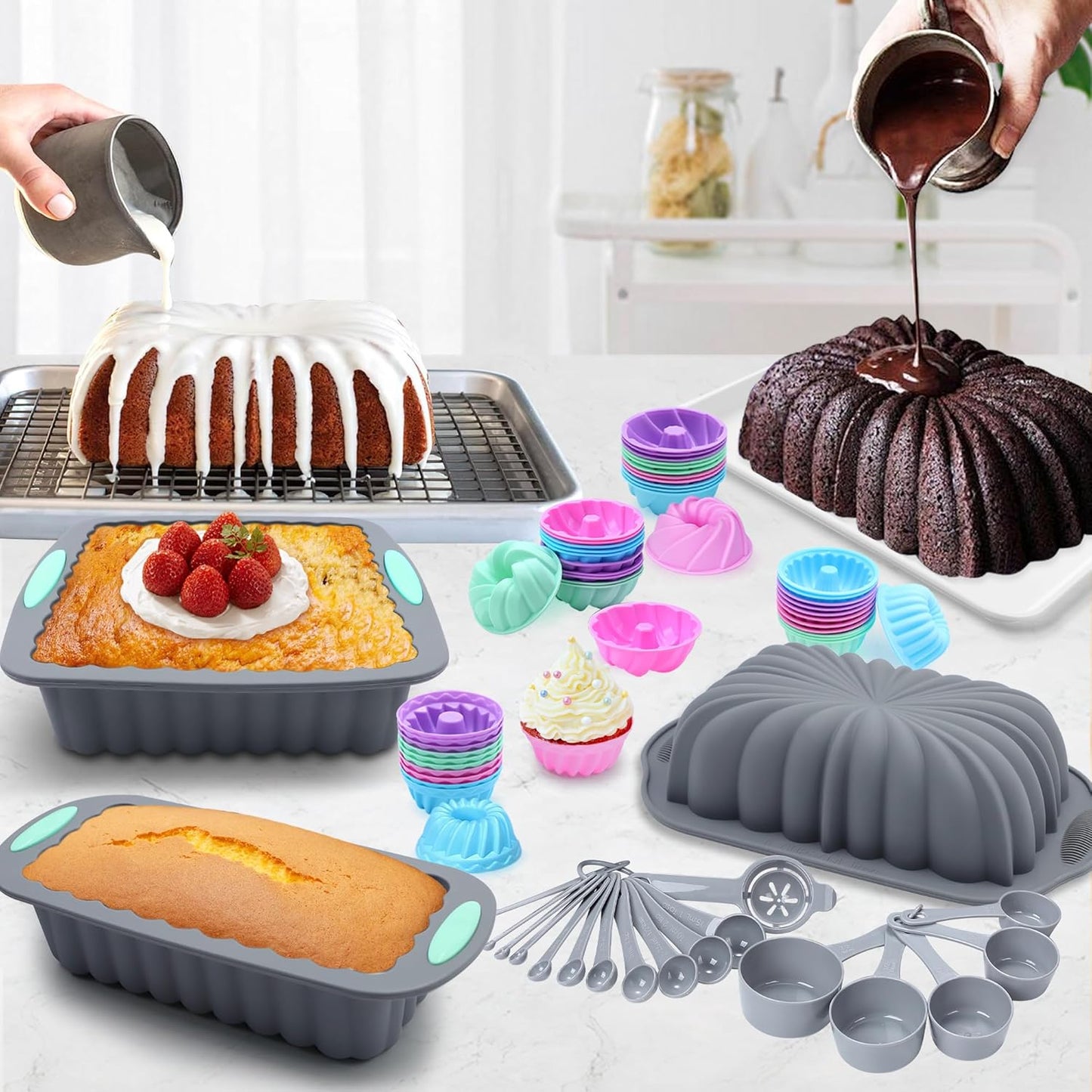 Tongjude 72 Pieces Silicone Bakeware Set, Nonstick Baking Pans Set, Easy Release Oven Silicone Pan for Kitchen with Cake Pans, Loaf Pans, Baking Cups, Measuring Cups and Spoons Set, Grey
