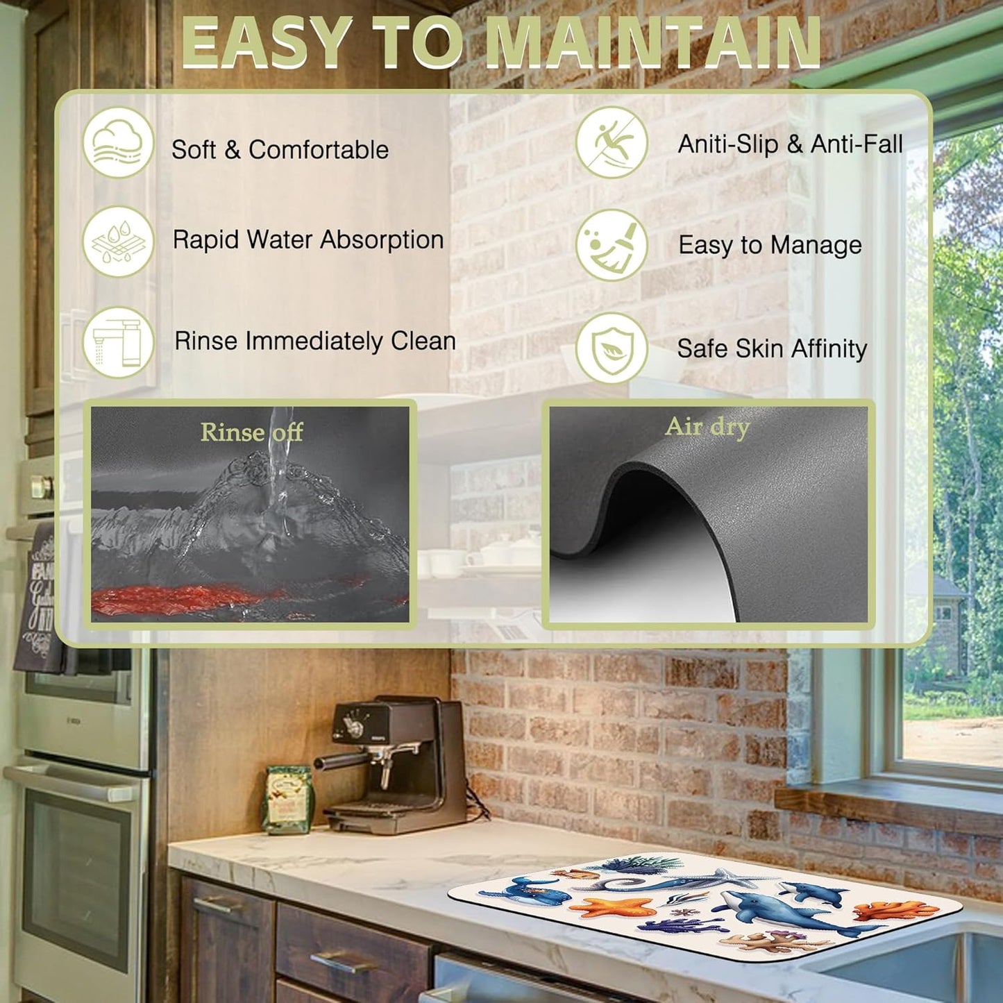 Sea Animals Dish Drying Mat Dolphins Starfish Anemones Kitchen Mat 16"x24" Bsorbent Coffee Maker Mat for Dishes,Utensils Coffee Maker Pots and Pans Easy Clean Dish Slip Resistant Pad