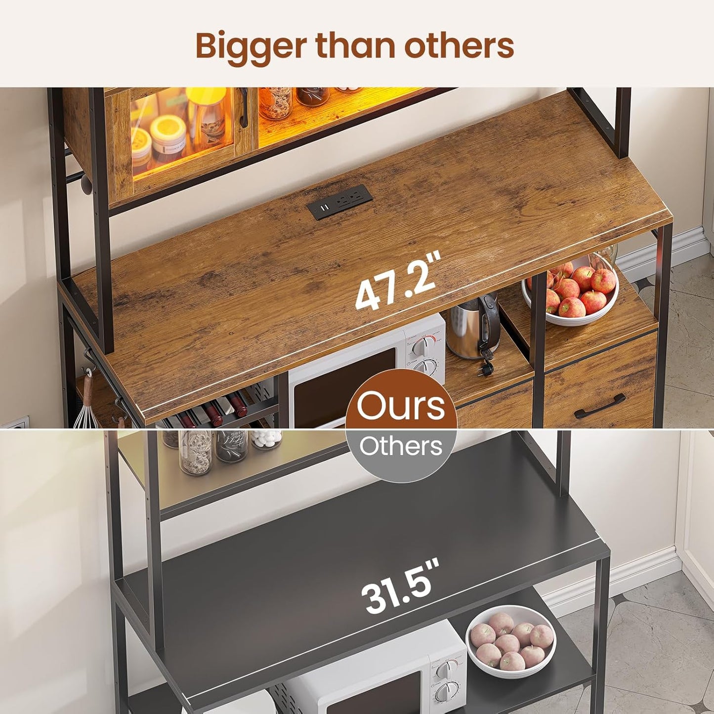 Itaar Bakers Rack with Power Outlet and LED Light, 47.2'' Microwave Stand with Storage, Kitchen Coffee Bar Cabinet with Glass Door, 4 Drawer, Wine Rack, Goblet Holder and 12 Hooks, Rustic Brown