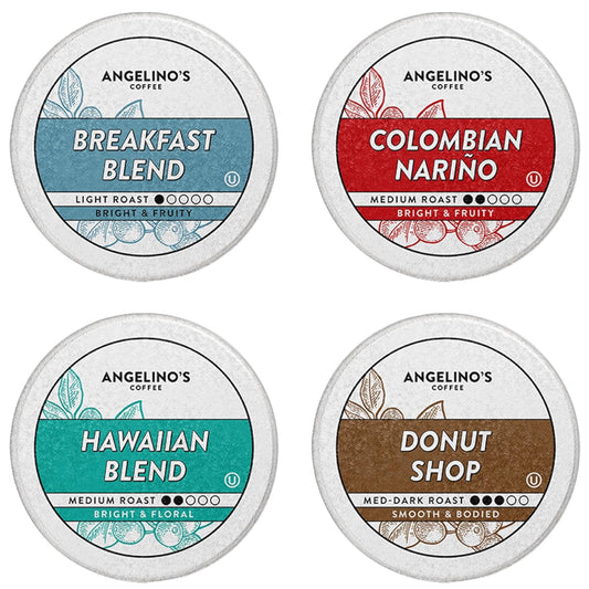Angelino's Coffee - Medium Roast Coffee Pods Variety Pack, 96 Count - Includes Breakfast Blend, Colombian Nariño, Hawaiian Blend, Donut Shop, Single Serve Coffee Pods for Keurig K-Cup Brewers