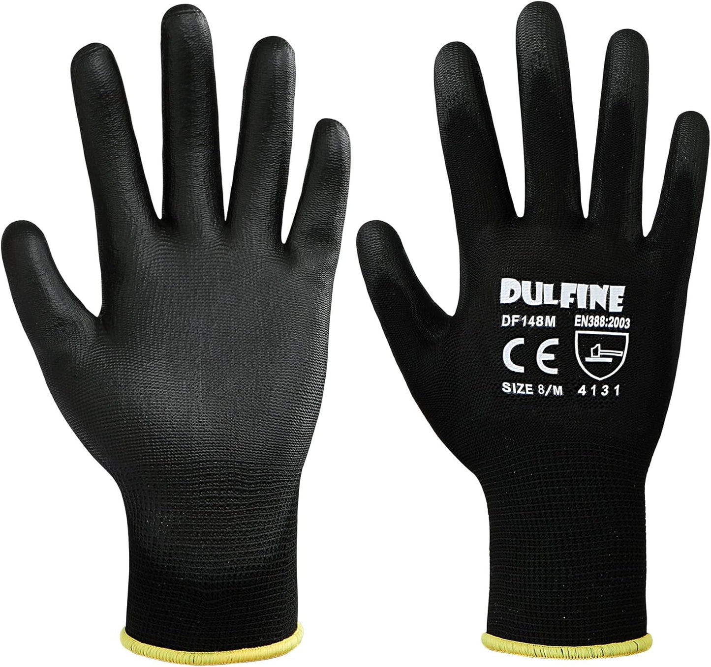 DULFINE Ultra-Thin PU Coated Work Gloves-12 Pairs,Excellent Grip,Nylon Shell Black Polyurethane Coated Safety Work Gloves, Knit Wrist Cuff,Ideal for Light Duty Work. (XX-Large)