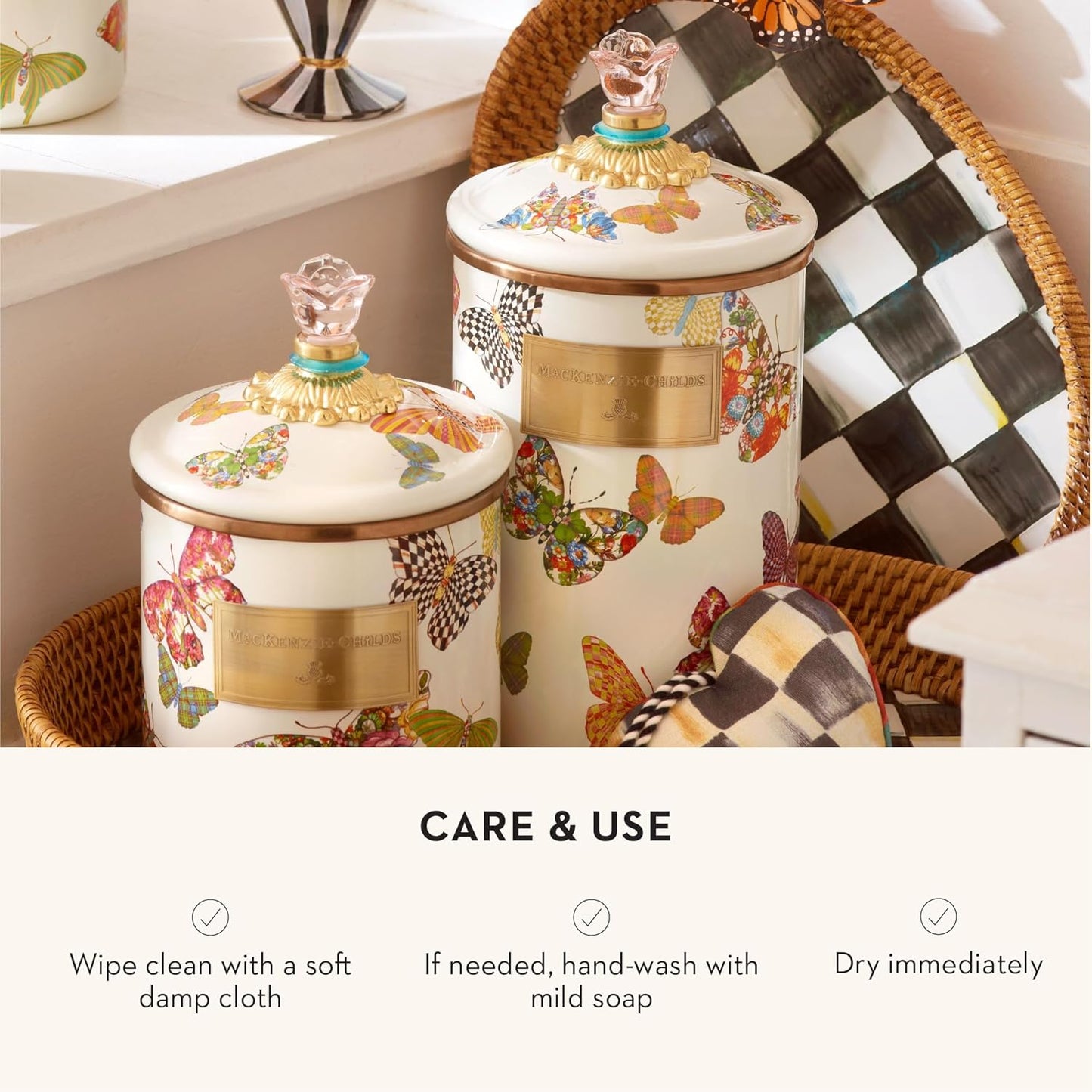 MACKENZIE-CHILDS Butterfly Garden Enamel Canister, Pretty Kitchen Storage Container with Lid, Large