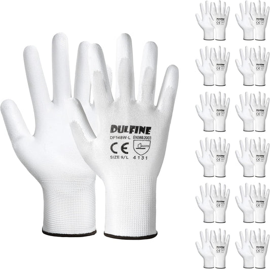 Safety Work Gloves PU Coated-12 Pairs,White Seamless Knit Glove with Polyurethane Coated Smooth Grip on Palm & Fingers, for Men and Women, Ideal for General Duty Work (XX-Large)