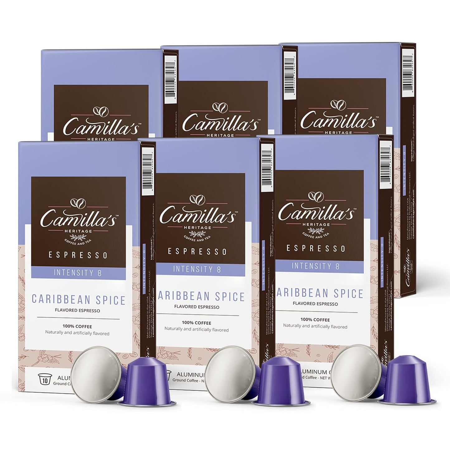 Camilla’s Heritage - Intensity 8 Caribbean Spice Flavored Espresso Coffee, Gourmet Espresso Cups, 60 Coffee Pods