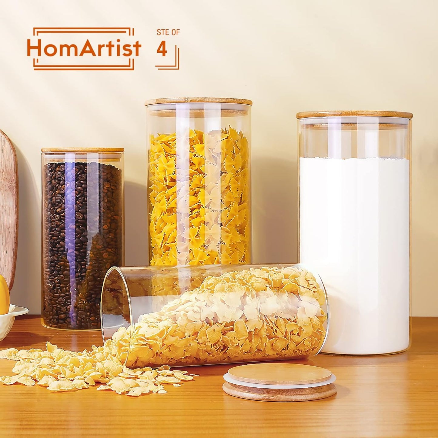 Large Glass Flour and Sugar Containers 180oz x2 & 93oz x2 [Set of 4], Glass Food Storage Containers with Bamboo Lids, Glass Jar with Airtight Lid for Spaghetti Pasta,Rice,Cereal,Coffee, Oat
