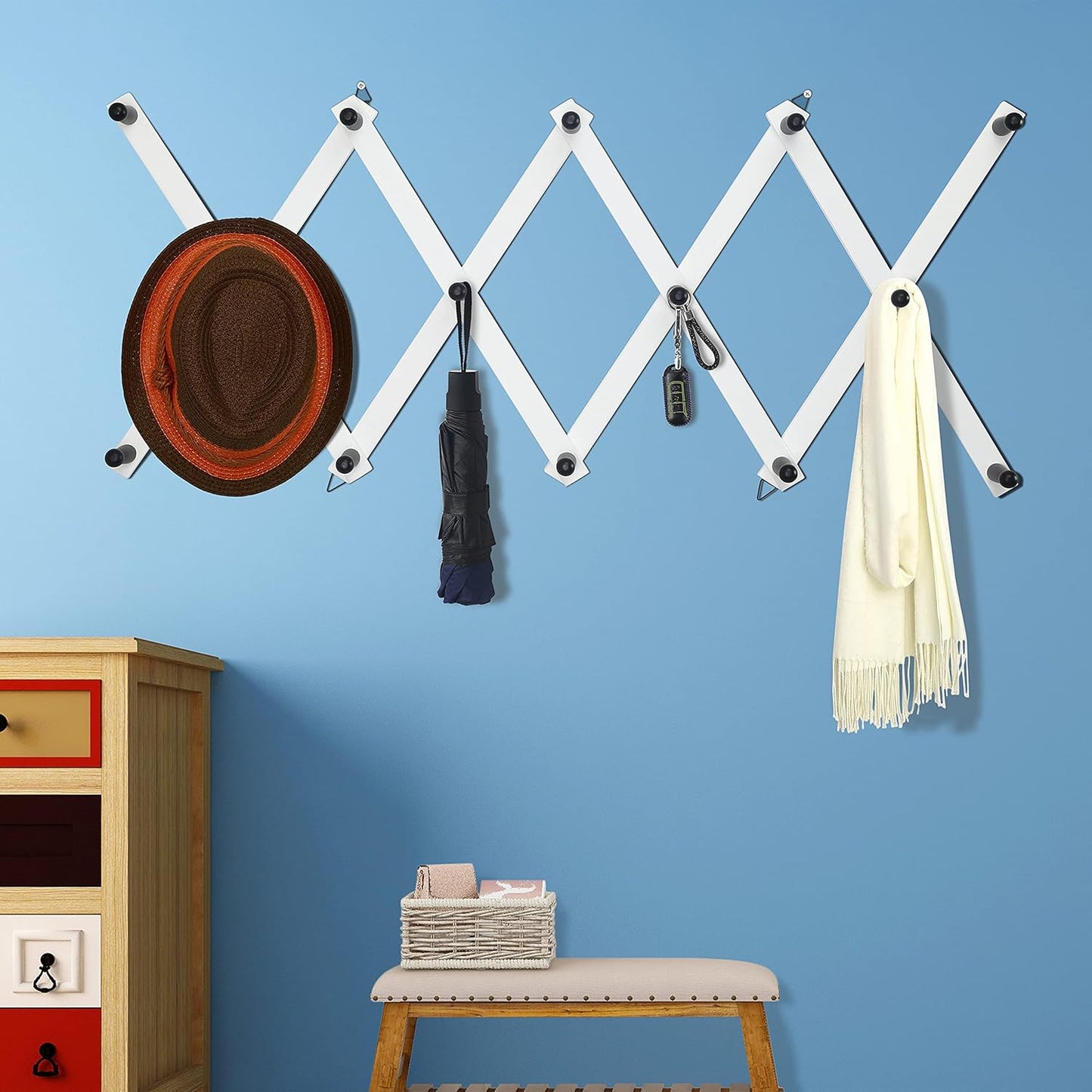 Dseap Accordian Wall Hanger: 16” High Wooden Wall Expandable Coat Rack, Hat Rack Holder, Accordion Hook for Baseball Caps, Coats, Mugs, 14 Peg Hooks, White & Black