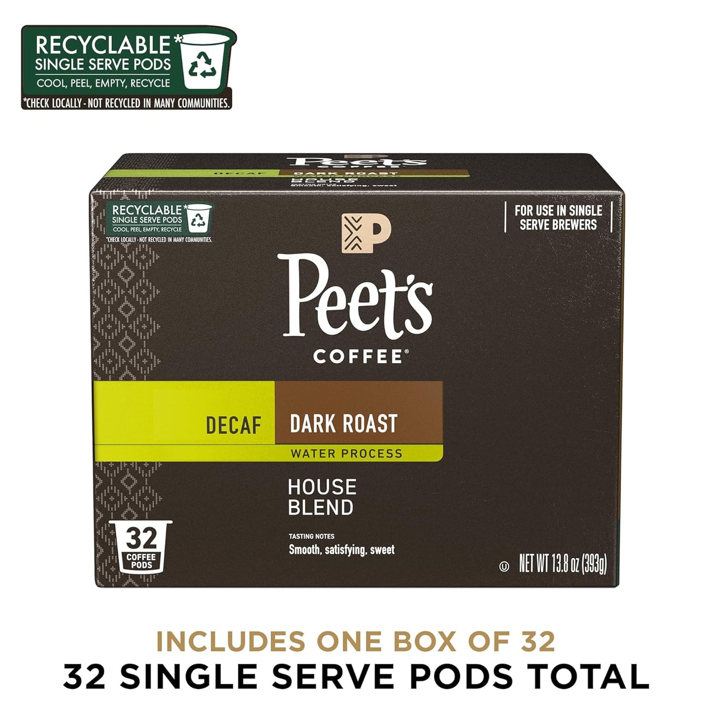 Peet's Coffee, Dark Roast Decaf Single Serve Coffee Pods - Decaf House Blend 32 Count (1 Box of 32 Pods)