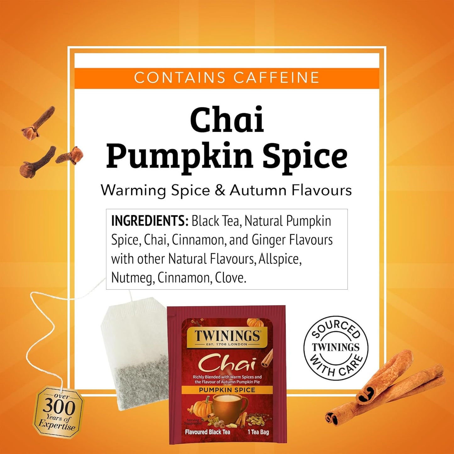 Twinings Pumpkin Spice Chai Black Tea Individually Wrapped Bags, 20 Count (Pack of 6), Warm, Spicy & Aromatic, Caffeinated, Enjoy Hot or Iced, 120 Teabags
